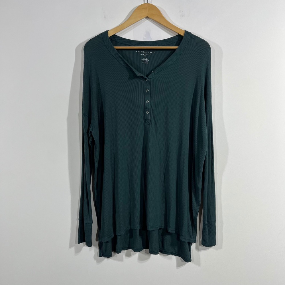 American Eagle Y2K Thermal Henley Top Green Long Sleeve Womens Small 90s Grunge‎